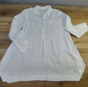 J Jill White 100% Linen Tunic Shirt Medium Snap Front High Slit Asymmetric Flowy